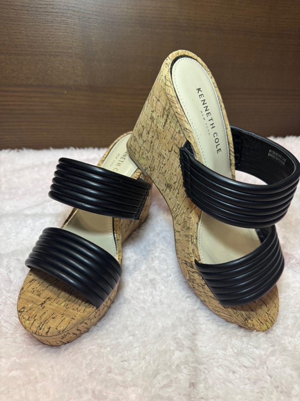 Kenneth Cole Black Cork-Trim Slip-On Heels
